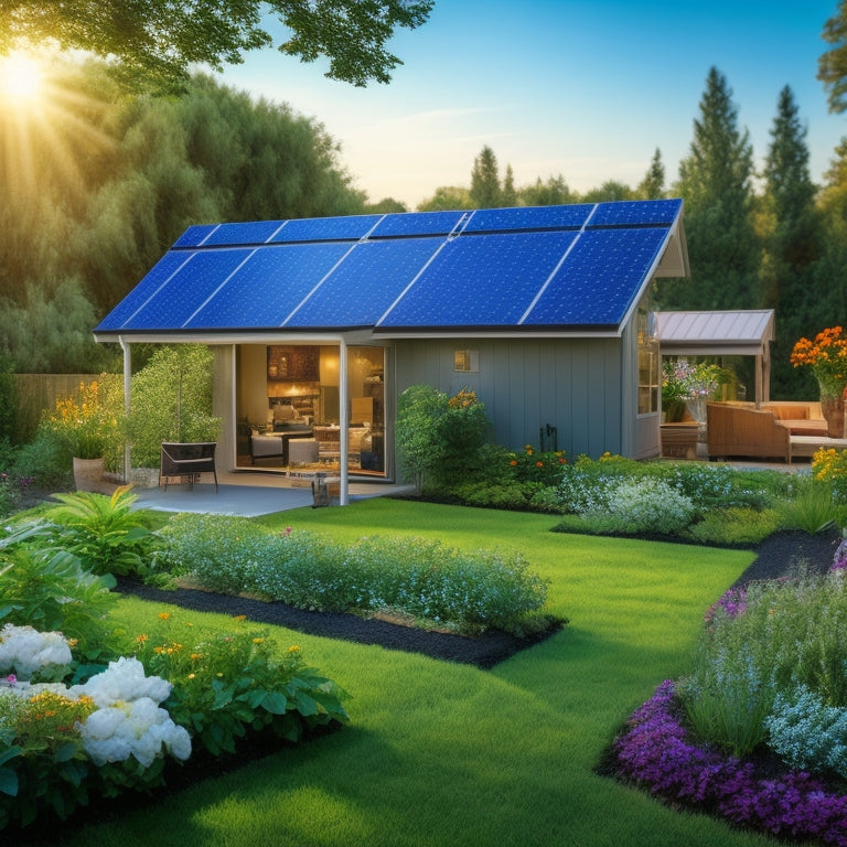 A serene backyard scene with a small, sleek solar panel array (4-6 panels) mounted on a tilted roof or a freestanding rack, surrounded by lush greenery and a few flowers.