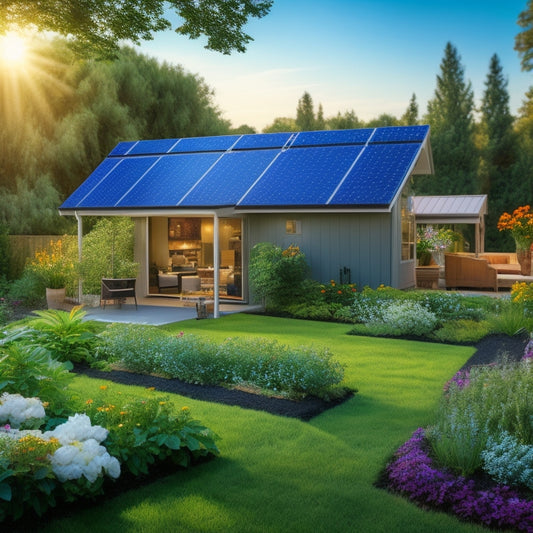 A serene backyard scene with a small, sleek solar panel array (4-6 panels) mounted on a tilted roof or a freestanding rack, surrounded by lush greenery and a few flowers.