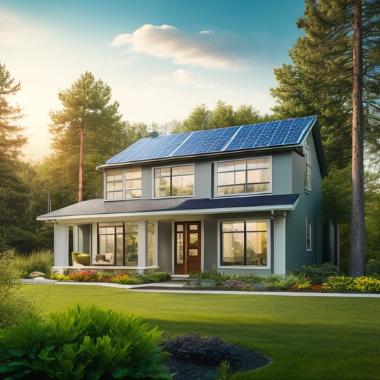 A serene suburban home with solar panels installed on the roof, a sleek inverter on the side wall, and a battery storage system visible through a window, surrounded by lush greenery.