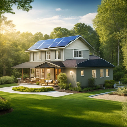 A serene suburban home with solar panels on the roof, a small wind turbine in the backyard, and a sleek inverter unit on the side of the house, surrounded by lush greenery.