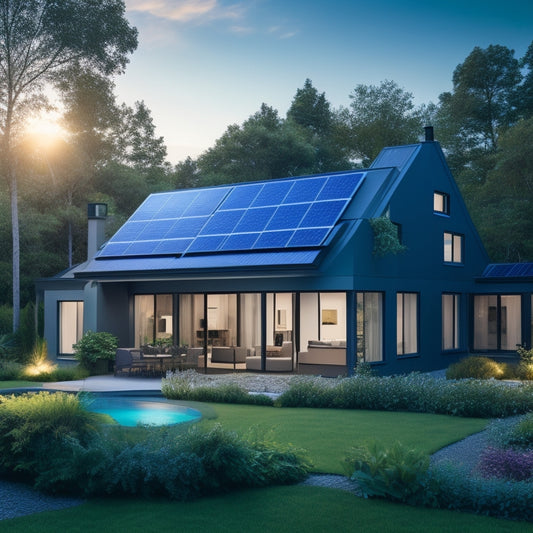 A serene, modern home with solar panels on the roof, surrounded by lush greenery, with a sleek, compact battery system installed in the backyard, emitting a soft, blue glow.
