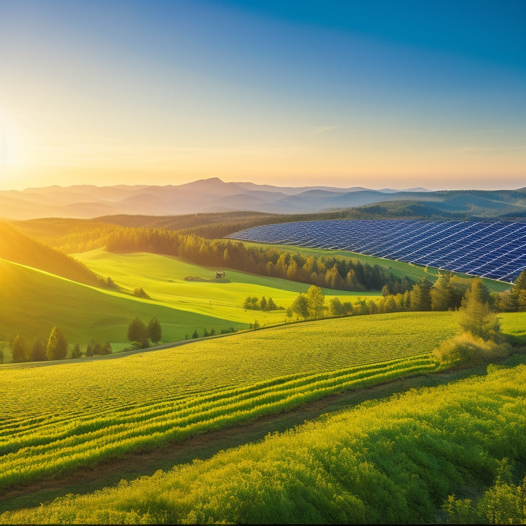 A vibrant landscape showcasing solar panels glistening under the sun, wind turbines gracefully spinning on rolling hills, and a lush green forest thriving nearby, all symbolizing harmony between nature and renewable energy solutions.
