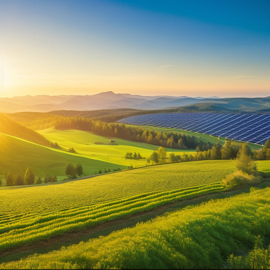 A vibrant landscape showcasing solar panels glistening under the sun, wind turbines gracefully spinning on rolling hills, and a lush green forest thriving nearby, all symbolizing harmony between nature and renewable energy solutions.