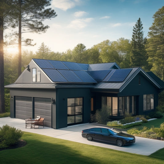 A serene suburban home with a sleek, black solar panel array on the roof, connected to a modern, compact battery system in the garage, surrounded by lush greenery and a bright blue sky.