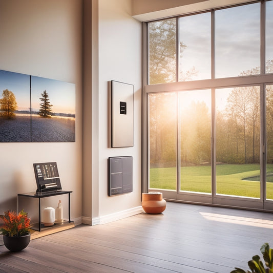 A modern home's interior with a sleek, compact battery storage system in the background, surrounded by solar panels, a smart thermostat, and a tablet displaying energy usage data.