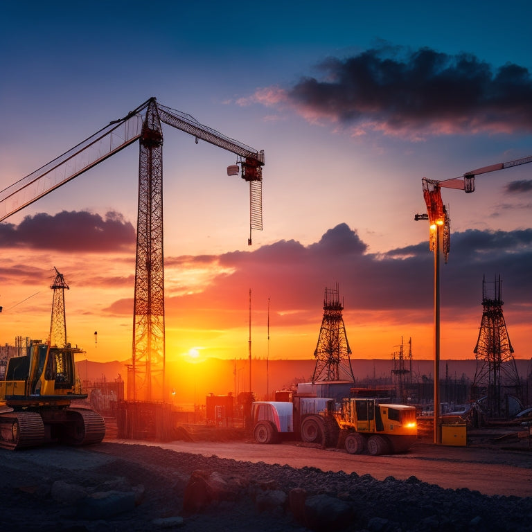 A construction site at dusk, illuminated by powerful generators, workers in hard hats, heavy machinery, and extension cords scattered. A backdrop of cranes against a vibrant sunset, highlighting the urgency of reliable power solutions.