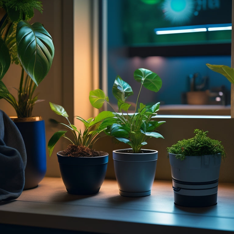 Generate an image of a person turning off a light switch, with a recycling bin and a potted plant nearby, and a faint globe in the background with a decreasing carbon emission graph.