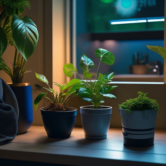Generate an image of a person turning off a light switch, with a recycling bin and a potted plant nearby, and a faint globe in the background with a decreasing carbon emission graph.