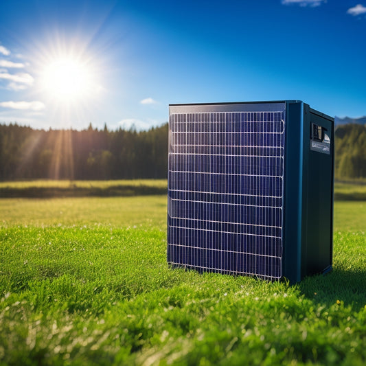 A close-up of a sleek solar power inverter, surrounded by vibrant green energy-efficient technology, with sunlight reflecting off its metallic surface, and solar panels glistening in the background, showcasing innovation and sustainability.