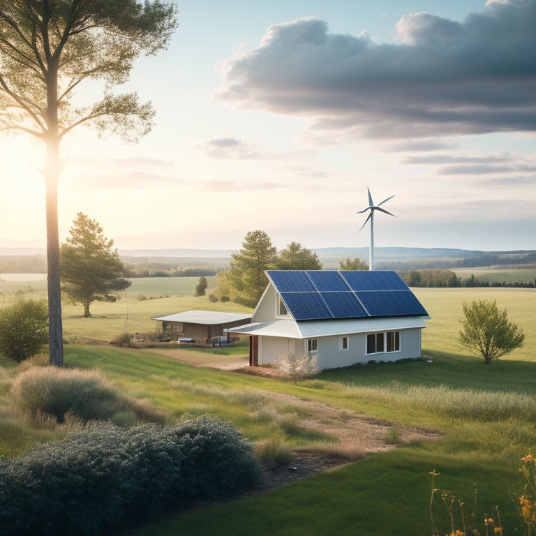 A serene rural landscape with a modern off-grid home, surrounded by lush greenery, featuring a sleek solar panel array on the roof, and a small wind turbine in the distance.