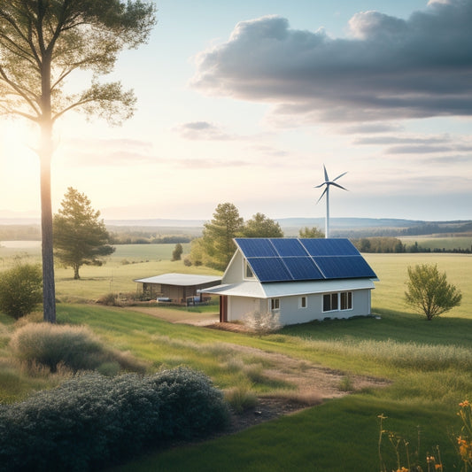 A serene rural landscape with a modern off-grid home, surrounded by lush greenery, featuring a sleek solar panel array on the roof, and a small wind turbine in the distance.