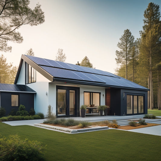 A modern, sleek, single-story home with a solar roof, sleek black panels seamlessly integrated into the roof's surface, paired with a compact, silver battery system installed adjacent to the house.
