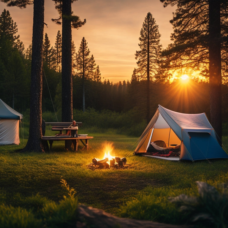 A serene campsite at sunset, showcasing a portable solar panel charging devices, surrounded by lush greenery, a cozy tent, and a glowing campfire, illustrating sustainable energy in harmony with nature.