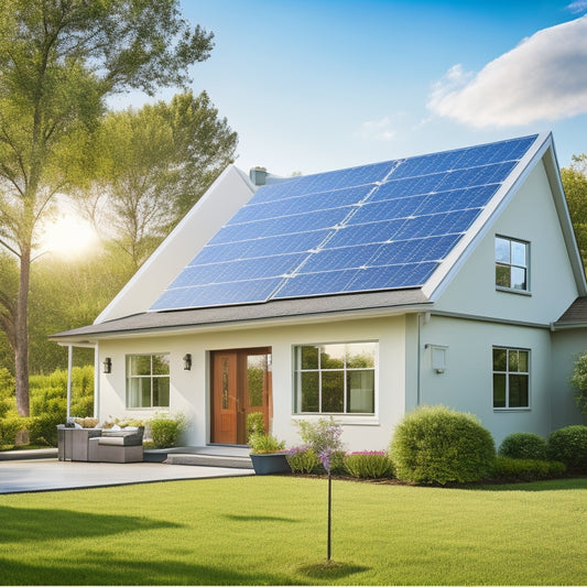A serene suburban home with a sleek, modern solar panel system installed on its rooftop, surrounded by lush greenery and a bright blue sky with a few puffy white clouds.