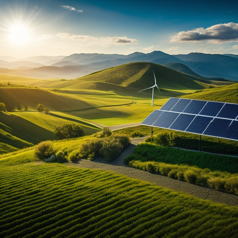 A serene landscape showcasing solar panels glistening under the sun, wind turbines spinning gracefully on rolling hills, and vibrant greenery surrounding a small stream harnessing kinetic energy, all under a clear blue sky.