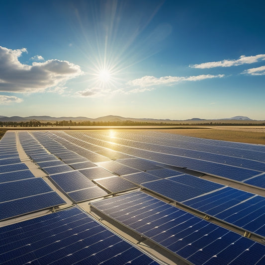 A photorealistic image of a vast, sun-drenched solar farm with rows of sleek, black solar panels angled 30 degrees, reflecting a clear blue sky with a few wispy clouds.