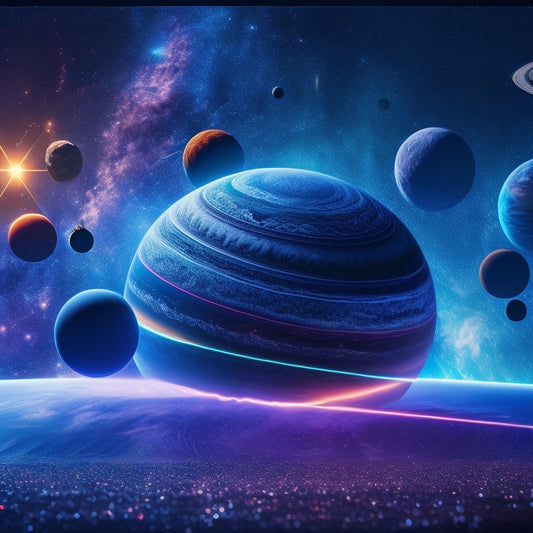 A futuristic, neon-lit digital canvas displaying a 3D solar system, with orbiting planets and swirling asteroid belts, surrounded by glowing blue gridlines and subtle, pulsing starlight.
