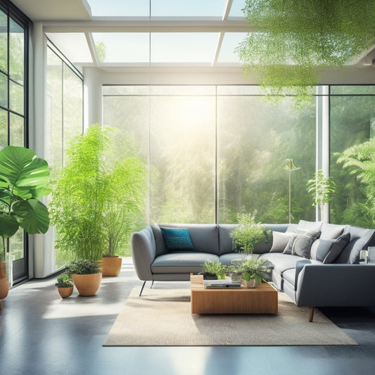 A serene, modern living room with a large window, lit by a bright sunny day, featuring a sleek solar panel on the roof, and a compact, futuristic battery backup system in the corner, surrounded by lush green plants.