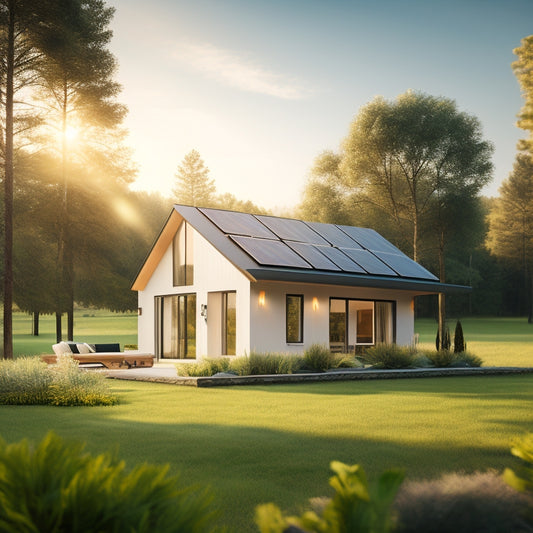 A serene, modern home surrounded by lush greenery, with a compact, sleek portable solar panel array and a small wind turbine on the lawn, emitting a warm, golden glow.