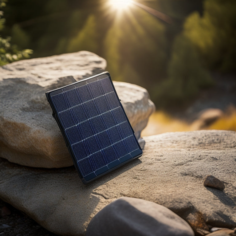 A portable solar charger, compact and rectangular, with a sleek metal frame and a grid of small solar panels on top, resting on a rocky outdoor surface amidst scattered hiking gear.