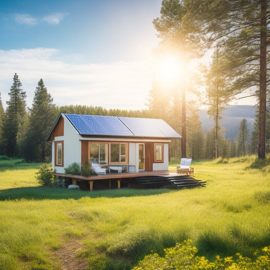 A serene, isolated cabin surrounded by lush greenery, with a rooftop solar panel array and a few solar panels standing upright in the nearby meadow, under a bright blue sky with a few white clouds.