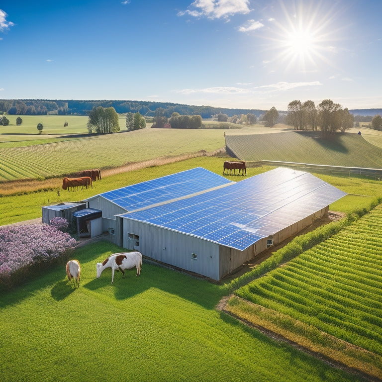 A picturesque farm landscape with solar panels glistening in the sunlight, surrounded by green fields, a barn, and grazing animals, showcasing harmony between agriculture and renewable energy in a vibrant, blue sky setting.