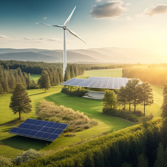 A serene landscape featuring solar panels and wind turbines, surrounded by lush greenery. In the foreground, a modern energy storage facility with sleek, futuristic design, seamlessly integrated into nature, reflecting the harmony of renewable energy.