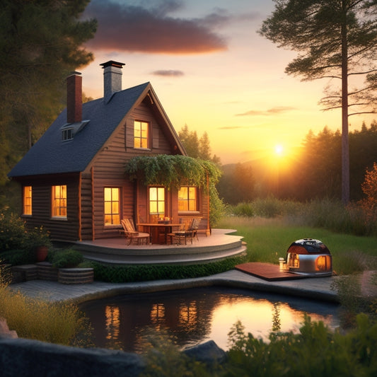 A serene illustration featuring a cozy cabin surrounded by lush greenery, with a solar water heater on the roof, a wooden hot tub, and a brick oven in the backyard, amidst a warm sunset glow.