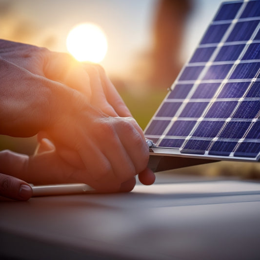 A close-up of a person's hands holding a wrench, tightening a screw on a sleek, silver adjustable solar panel mount, with a partially installed solar panel in the background.