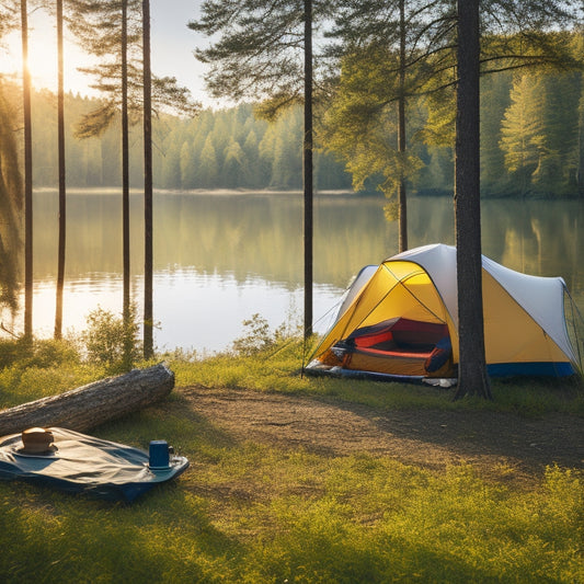 A serene forest scene with a tent pitched near a tranquil lake, showcasing a solar charger on a log, surrounded by lush greenery, sunlight filtering through the trees, and camping gear neatly arranged.