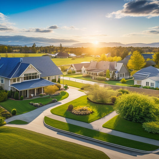 A serene suburban landscape with a mix of modern and traditional homes, each featuring a unique renewable energy system: solar panels, wind turbines, and green roofs, set against a bright blue sky.