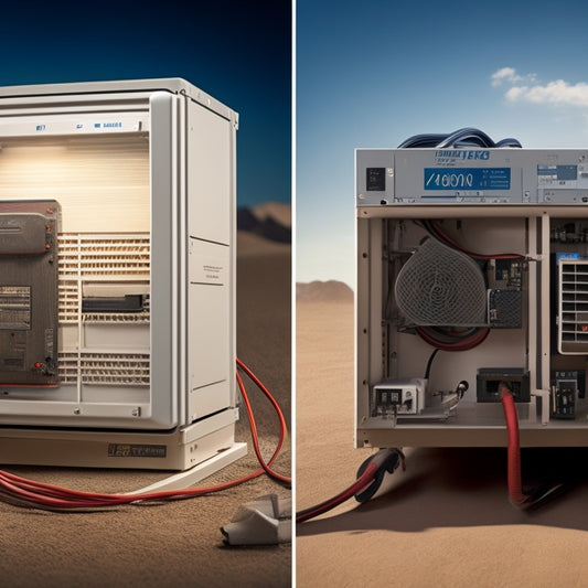 A split-screen image: a well-maintained inverter with clean components, wires, and a bright LED screen on the left, and a neglected inverter with dusty fans, tangled wires, and a dim screen on the right.