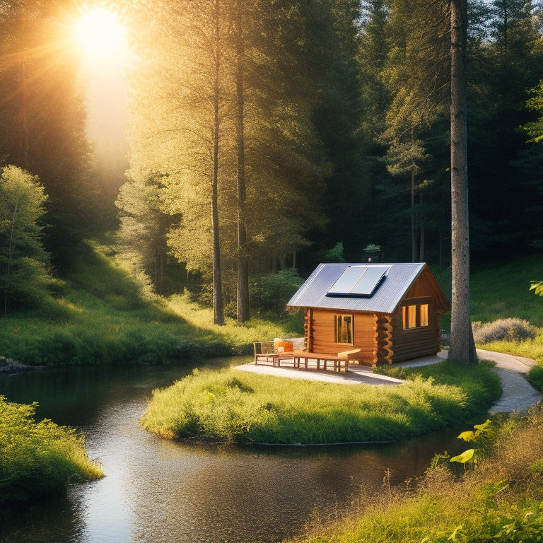 A serene cabin nestled among trees, with solar panels on the roof, a wind turbine in the distance, and a small stream running nearby, surrounded by lush greenery and a bright blue sky.