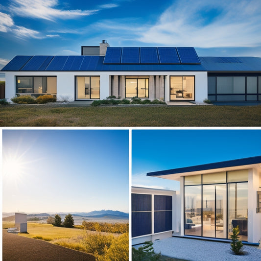 A sleek, modern home with rooftop solar panels, a wall-mounted battery storage system, and a subtle grid of circuitry connecting the two, set against a bright blue sky with fluffy white clouds.