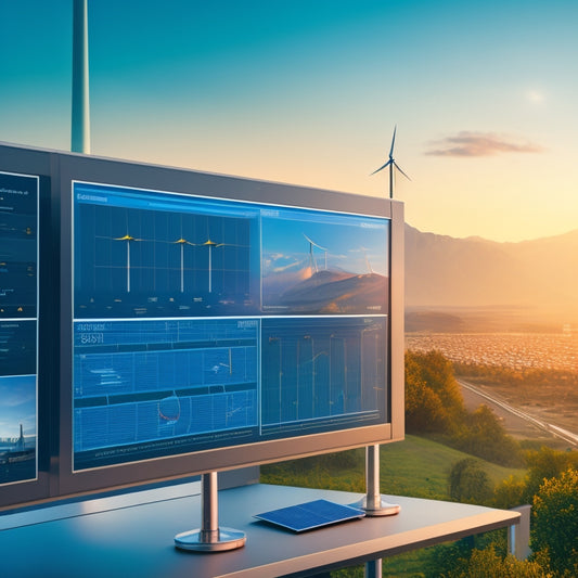 An illustration of a futuristic, sleek, and modern renewable energy monitoring system, featuring interconnected screens displaying real-time data, surrounded by solar panels, wind turbines, and a subtle cityscape backdrop.