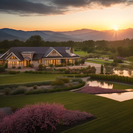 A serene, sprawling estate with solar panels, wind turbines, and a rainwater harvesting system, surrounded by lush greenery, a garden, and a small orchard, with a distant mountain range at sunset.