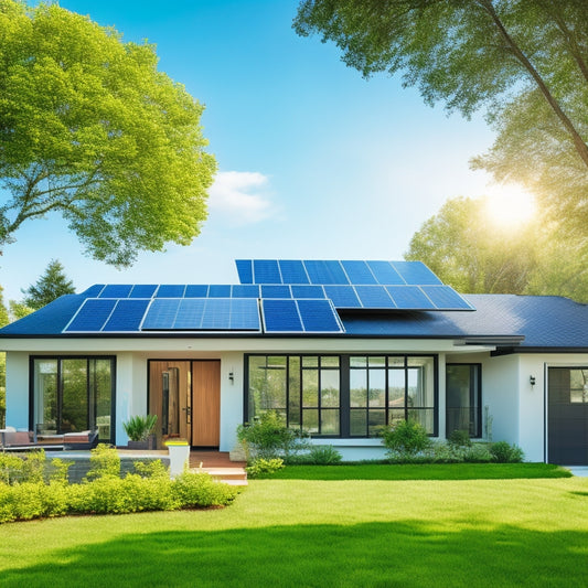 A serene, modern suburban home with a sleek, black solar panel array on the roof, surrounded by lush greenery and a bright blue sky with a few wispy white clouds.