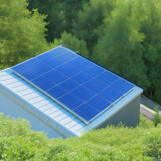 A close-up of a small, sleek solar panel (30cm x 20cm) with 10 photovoltaic cells, mounted on a sloping roof with grey tiles, surrounded by verdant greenery and a clear blue sky.