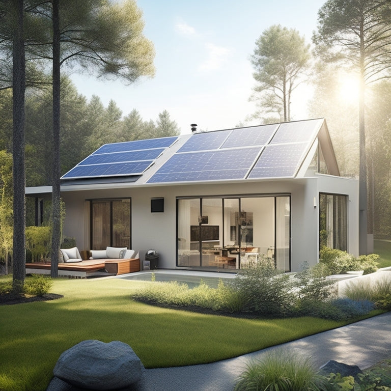 A serene, modern home with solar panels on the roof, surrounded by lush greenery, with a sleek, compact battery system visible through a large window, amidst a sunny, cloudless sky.