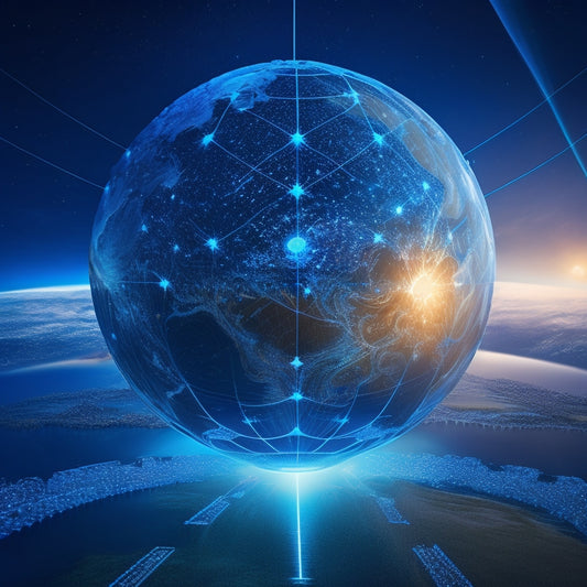 A futuristic globe with glowing blue lines connecting wind turbines, solar panels, and hydroelectric dams, surrounded by orbiting gears and cogs, set against a starry night sky.