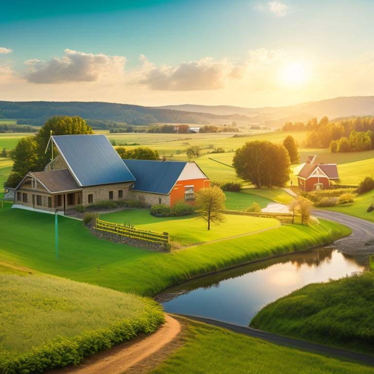 A serene, sun-drenched rural landscape with a small village in the distance, featuring a prominent wind turbine and solar panels on rooftops, surrounded by lush greenery and a meandering stream.