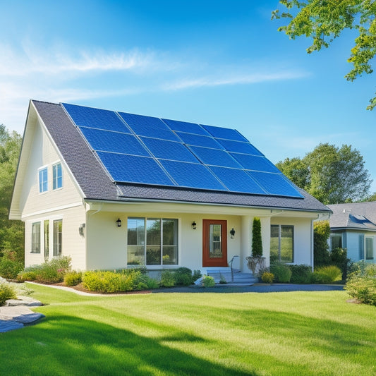 A serene residential scene with a modern, two-story home, rooftop solar panels, and a bright blue sky with a few white, puffy clouds, surrounded by lush greenery and a sunny backyard.