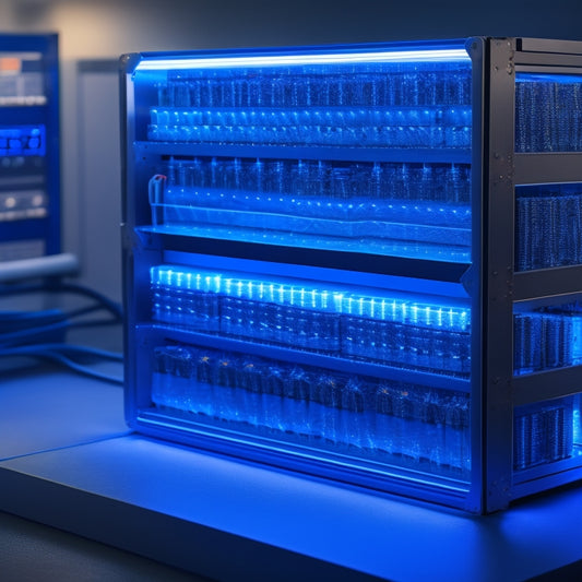 A futuristic, sleek battery bank system with rows of high-capacity lithium-ion batteries, surrounded by wires, switches, and LED indicators, set against a dark blue background with subtle circuit board patterns.
