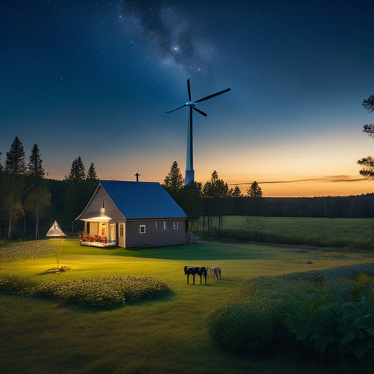 A serene, off-grid homestead at dusk, featuring a wind turbine, solar panels, and a small hydroelectric generator, surrounded by lush greenery and a starry night sky.