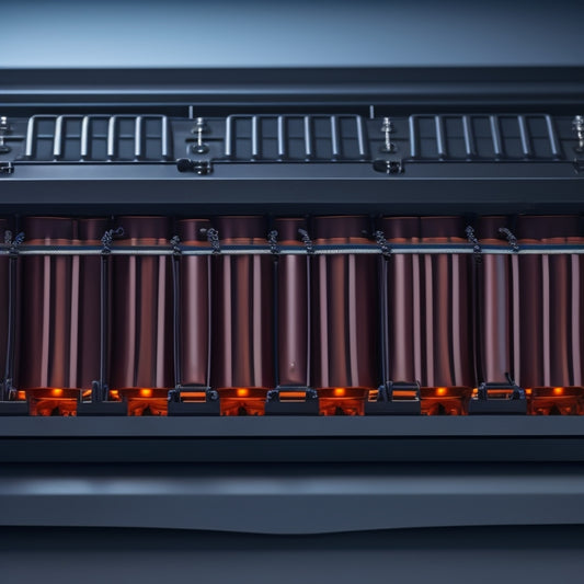 A close-up of four 6-volt deep-cycle batteries arranged in a horizontal row, connected with thick black cables and busbars, set against a clean, grey metal background.