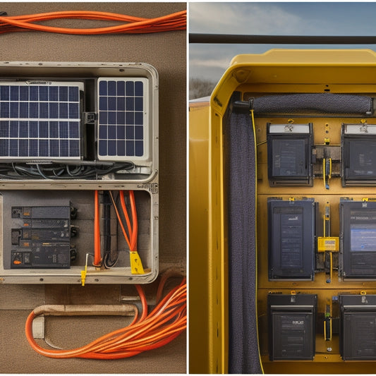 A split-screen image: a clean, organized solar battery system with functioning components and cables, versus a neglected system with dusty panels, tangled wires, and warning lights flashing.