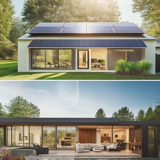 A split-screen image featuring a sprawling, modern home with solar panels covering the roof on one side, and a close-up of a single solar panel with measuring tape and calculator on the other.