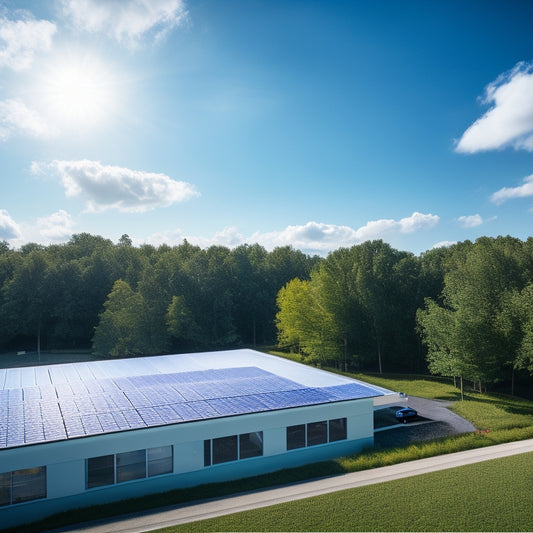 A bright blue sky with fluffy white clouds above a small, modern office building with solar panels installed on the roof, surrounded by lush green trees and a parking lot.