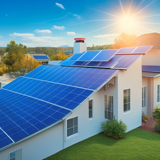 An illustration of a residential rooftop with solar panels, a backup battery system installed beside a house, and a subtle grid of dollars signs ($) in the background, fading into a bright blue sky.