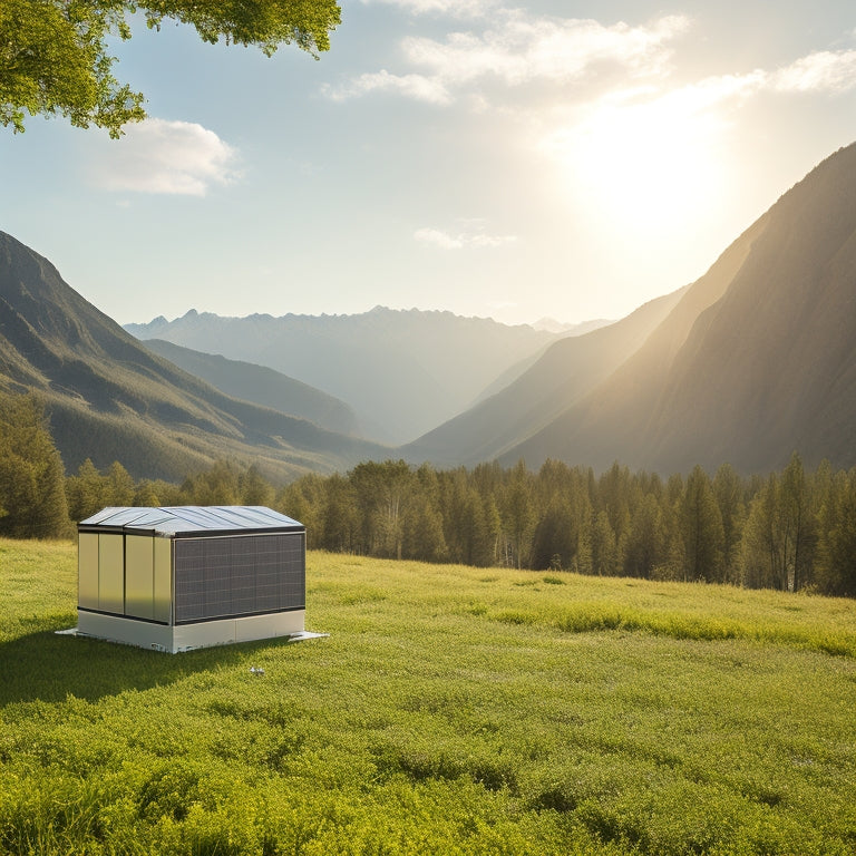 A serene outdoor scene with a compact, foldable solar panel array (3-4 panels) connected to a sleek, silver battery storage unit, surrounded by lush greenery and a distant mountain range.